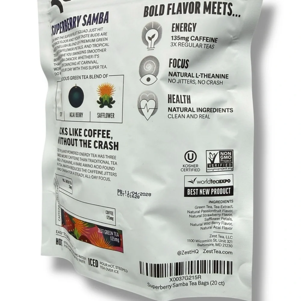 Zest‎ Energy Superberry Samba Green Tea 20 Bags 135mg Caffeine Keto Friendly